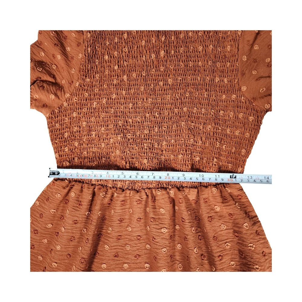 Shein Rust Brown Swiss Dot‎ Smocked Midi Dress Boho Tiered Short Puff Sleeve M 6 - Picture 7 of 11